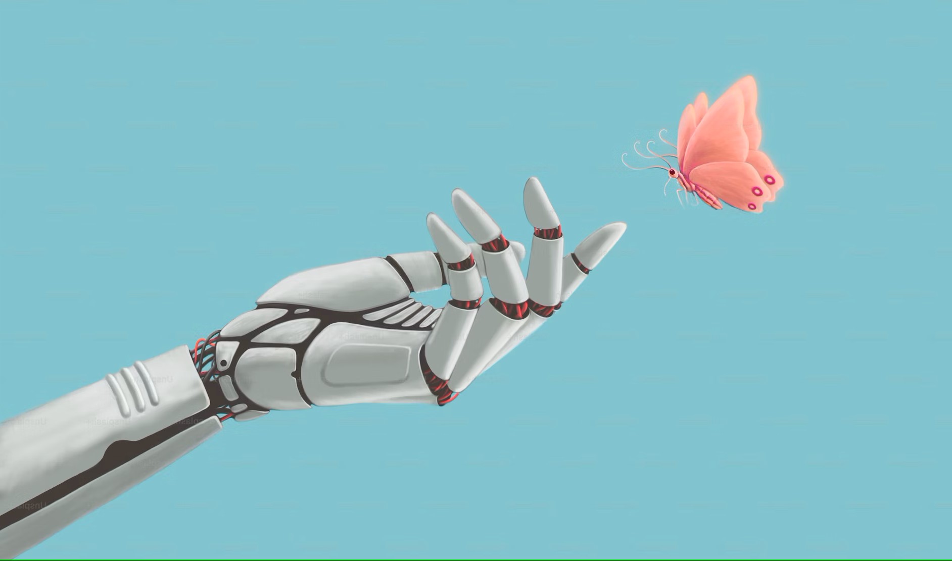 Un disegno dall'aria poetica di una mano robotica, bianca, con alcuni fili in vista, tesa verso una farfalla, rosa pastello, in volo, che sembra in procinto di posarsi su un dito della mano robotica. Lo sfondo della scena è un azzurro pastello.