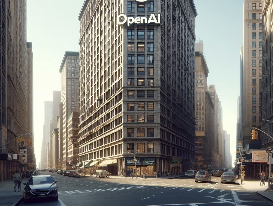 Immagine di un palazzo con scritto sopra OpenAI. Immagine generata tramite DALL-E 3.