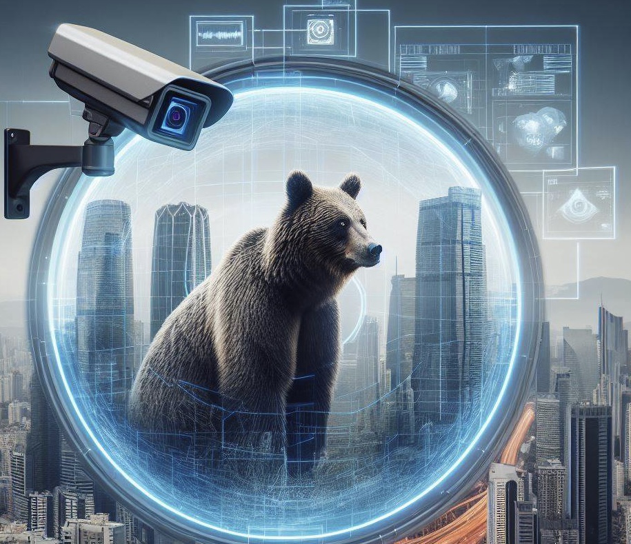 Immagine generata tramite DALL-E 3 che rappresenta una telecamera che riprende un orso tramite la tecnologia AI per fini di sicurezza urbana.