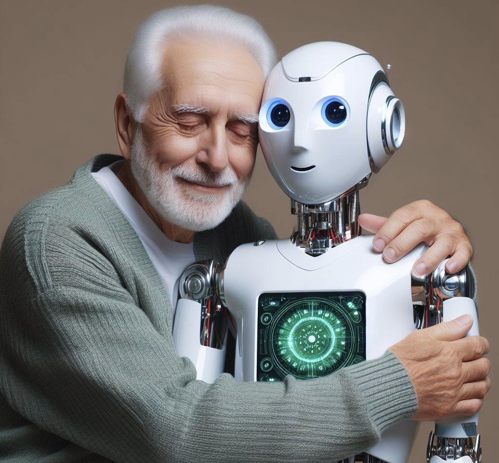 Immagine generata tramite DALL-E 3 da Marta Baronio che rappresenta un anziano che abbraccia con affetto un robot umanoide.