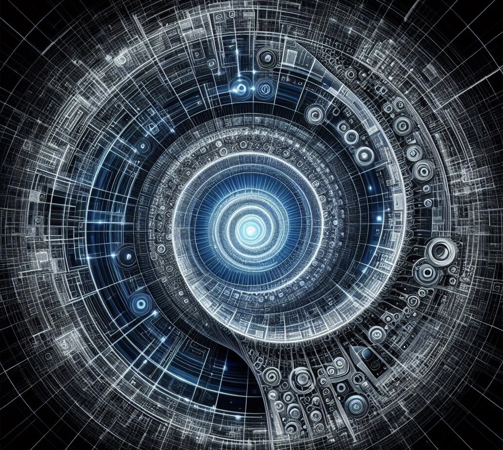 Immagine astratta generata tramite DALL-E 3 da Marta Baronio per rappresentare la ciclicità della storia dell'AI (Una sorta di spirali con degli elementi rappresentativi).