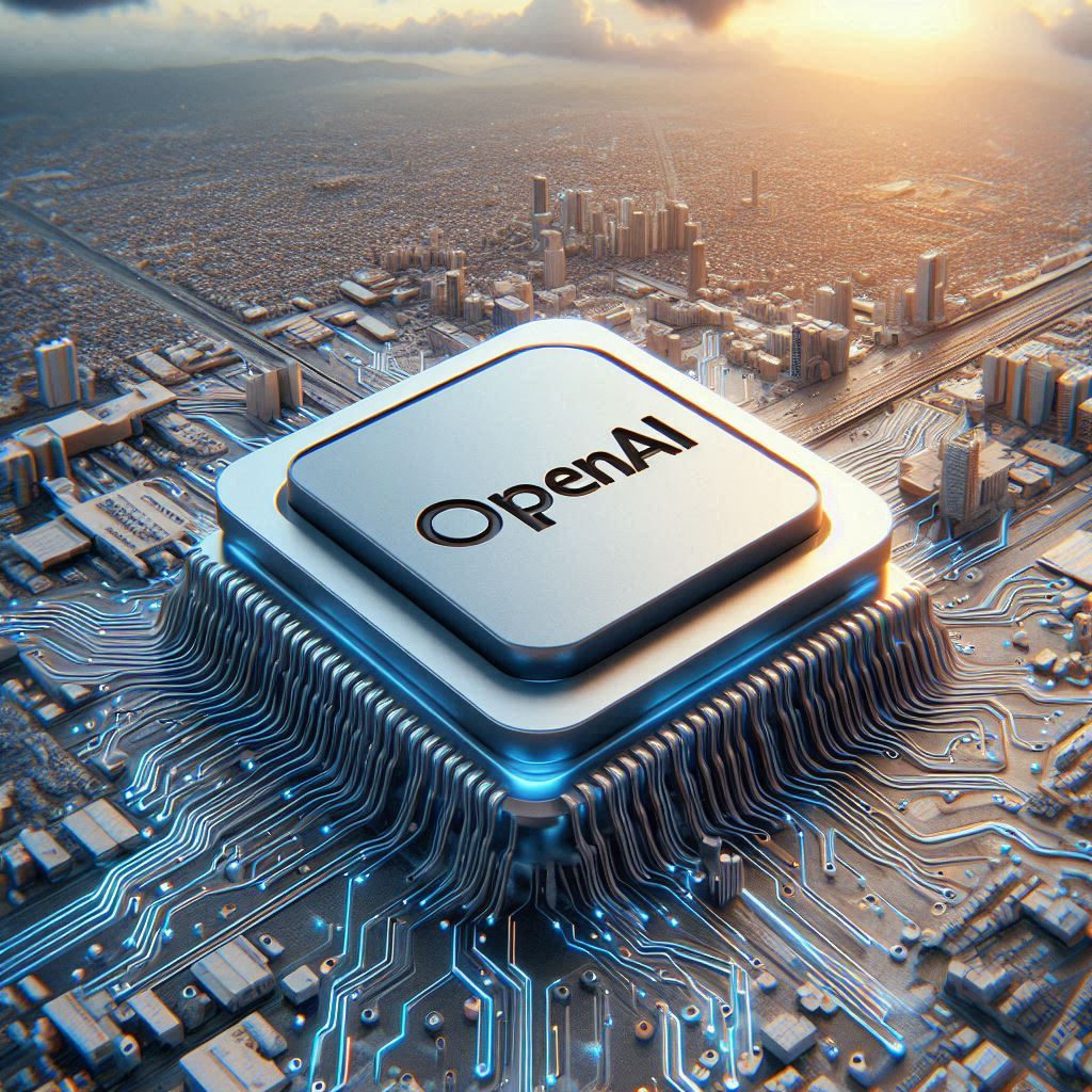 Imagine di una Chip con sopra scritto OpenAI e che si ricollega ai collegamenti tecnologici che si trasformano in uno skyline di una città. Immagine generata artificialmente tramite DALL-E 3.