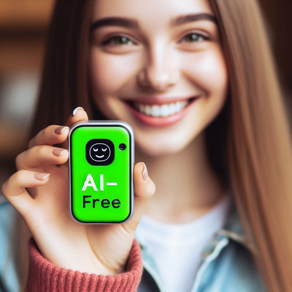 Immagine di una ragazza che regge in mano un aggeggio elettronico verde fosforescente con scritto sopra "AI-Free".