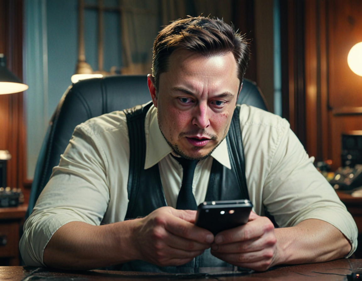 Elon Musk che digita con espressione arrabbiata sul suo smartphone.