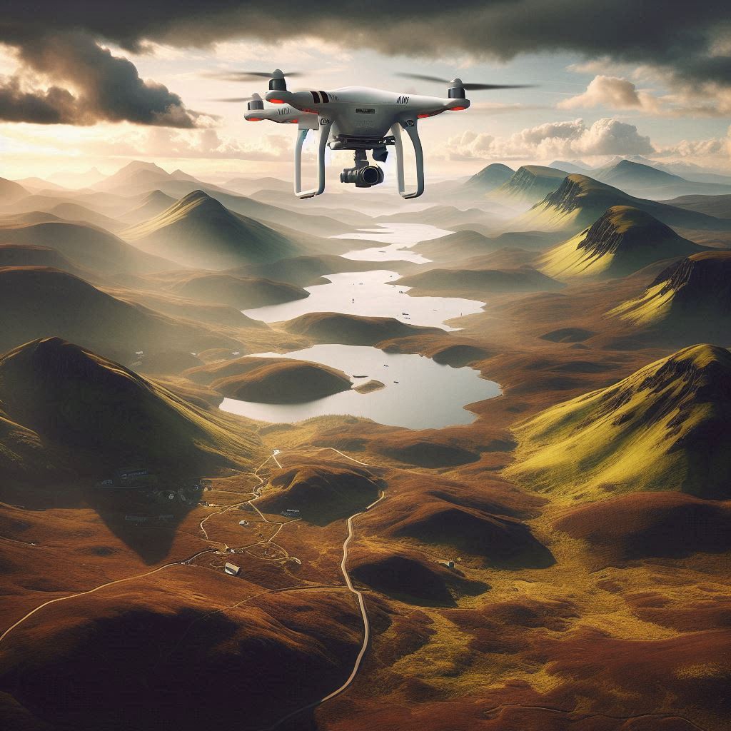 Immagine di un drone sopra delle colline, generata artificialmente tramite DALL-E 3.