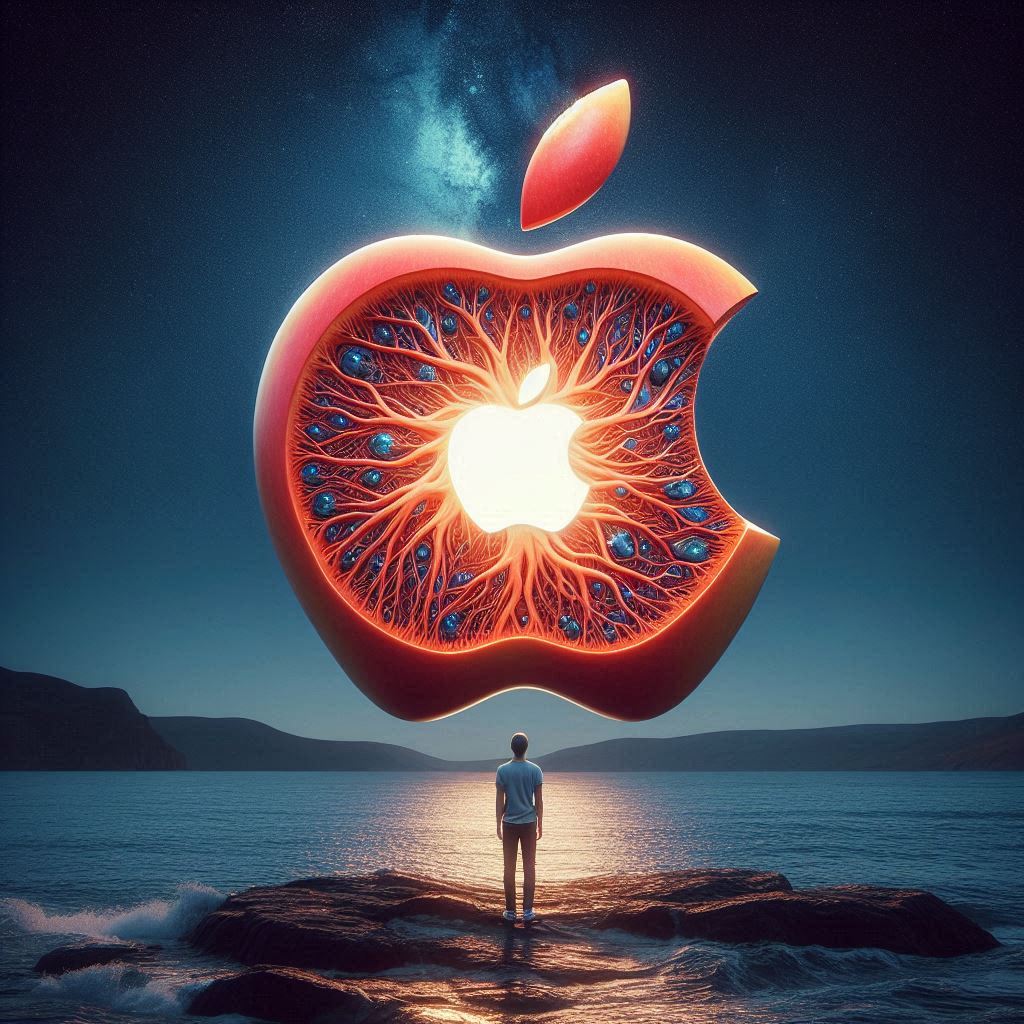 Immagine del logo di Apple con varie connessioni elettriche che furiescono dalla mela.