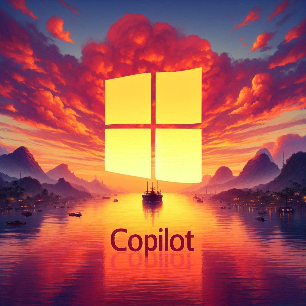 Immagine del logo di Windows colore del sole al tramonto, posizionato al posto del sole sopra un fiume circondato da montagne. luce del tramonto.