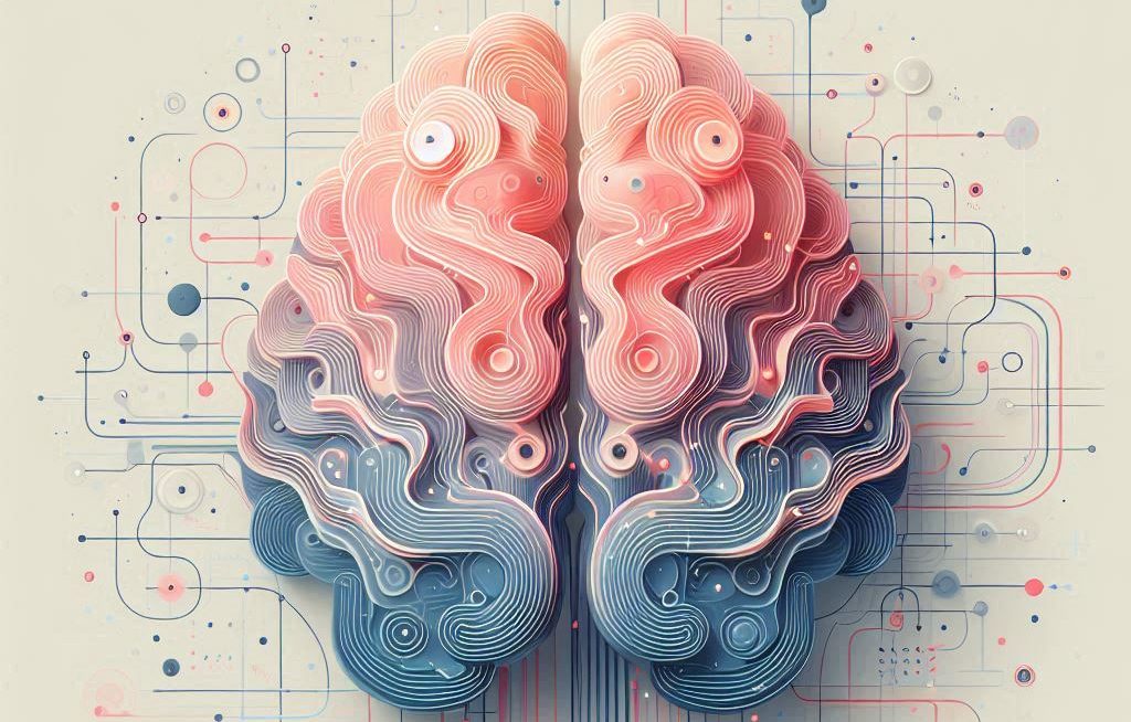 Immagine stile disegno digitale di un cervello colorato che sfuma dal blu in basso verso rosa in alto. Attorno, elementi astratti che ricordano alla lontana i fili del chip neuralink.