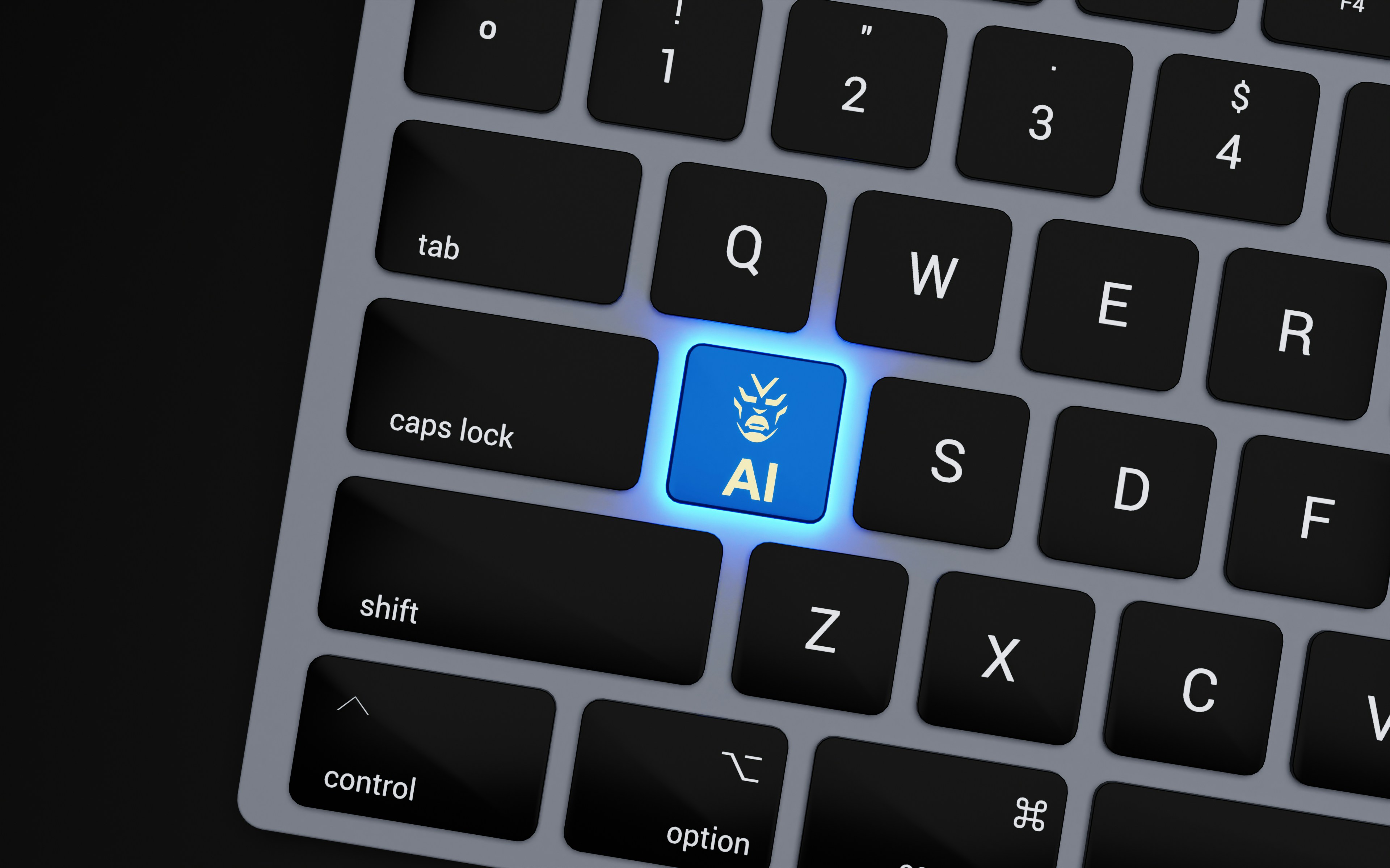 Immagine di tastiera di un pc con un tasto illuminato con una luce blu, con la scritta AI.