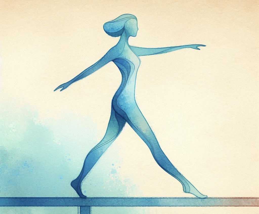Donna stilizzato ce fa equilibrio su una trave.