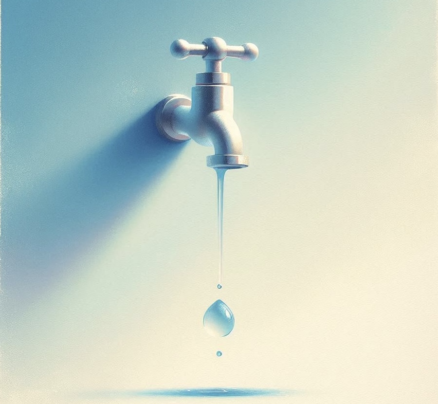 Rubinetto che perde una goccia d'aqua.