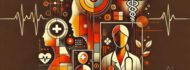 images of doctors and medical professionals, red crosses and heartbeat scans on brown background