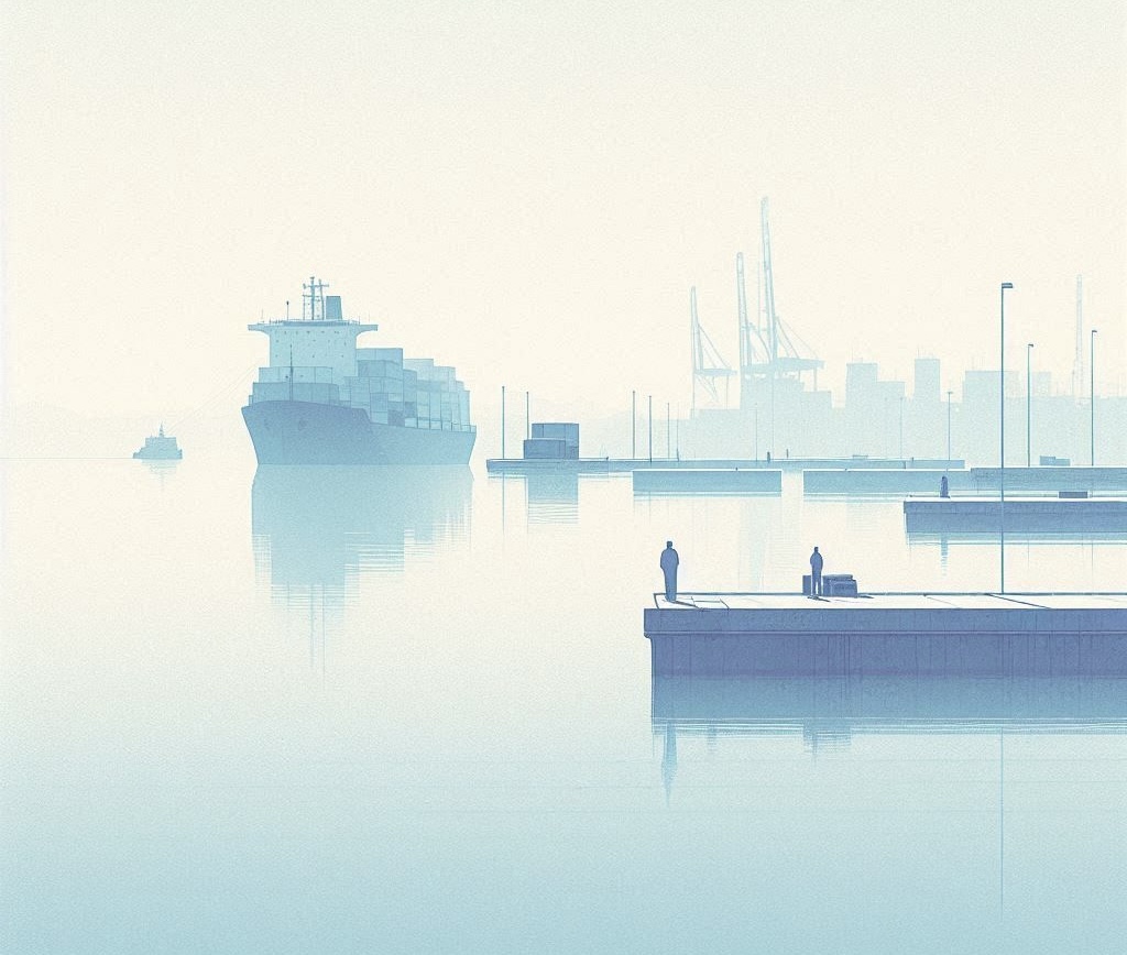 Un porto in acquarello dai toni azzurri.
