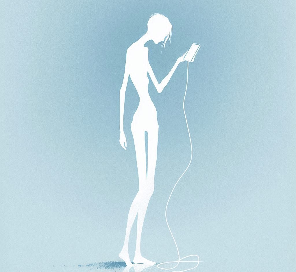 Persona anoressica al cellulare.