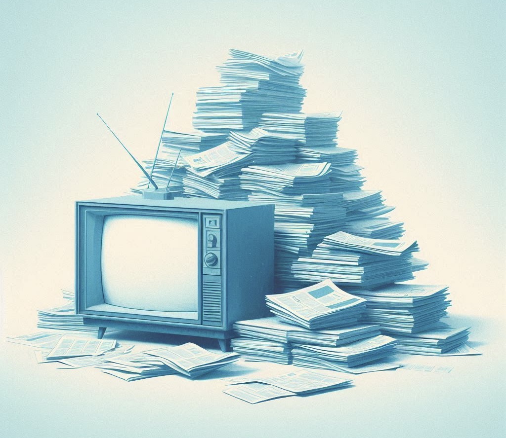 Immagine di una vecchia TV con attorno tanti giornali.