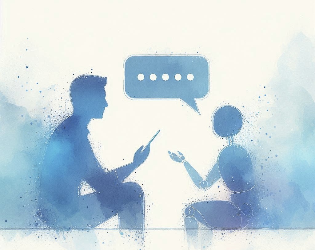 Immagine di un essere umano che interagisce con un chatbot antropomorfizzato