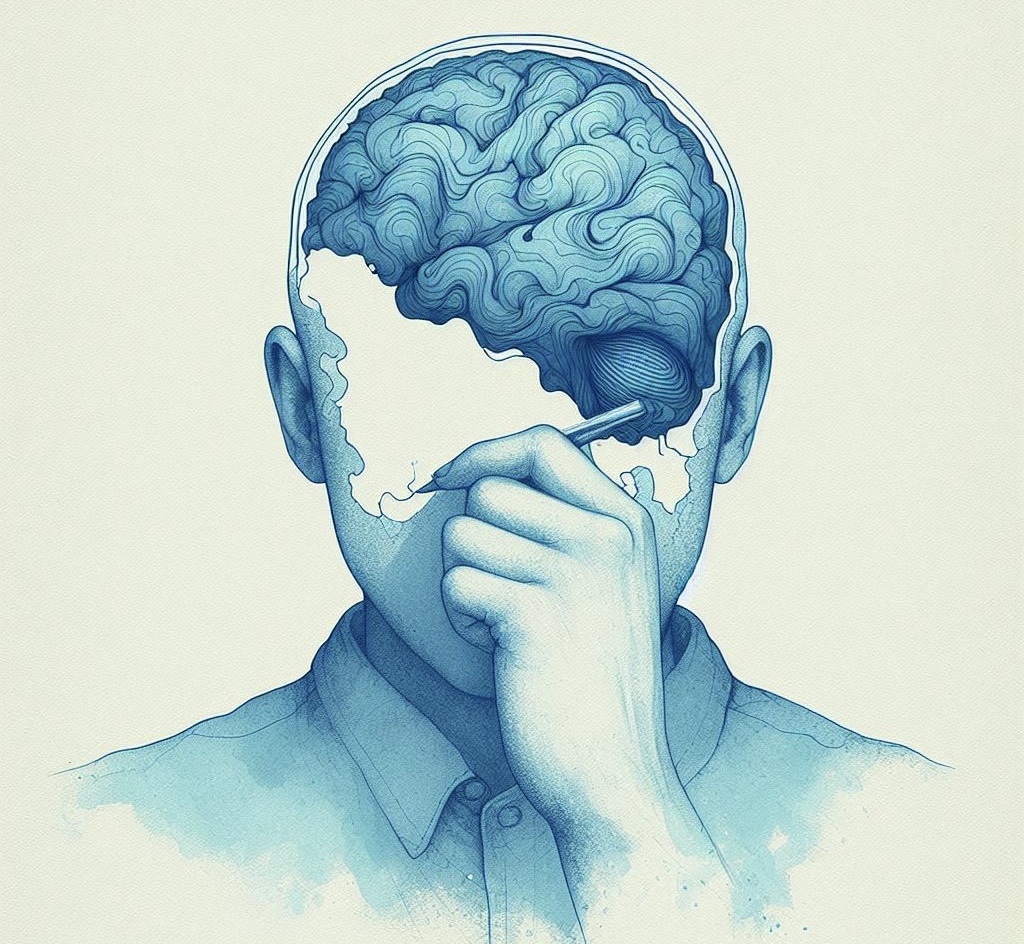 Persona che si disegna autonomamente il proprio cervello/contenuto cranico.