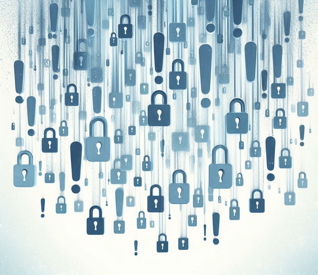 pioggia di punti esclamativi e lucchetti (immagine astratta).