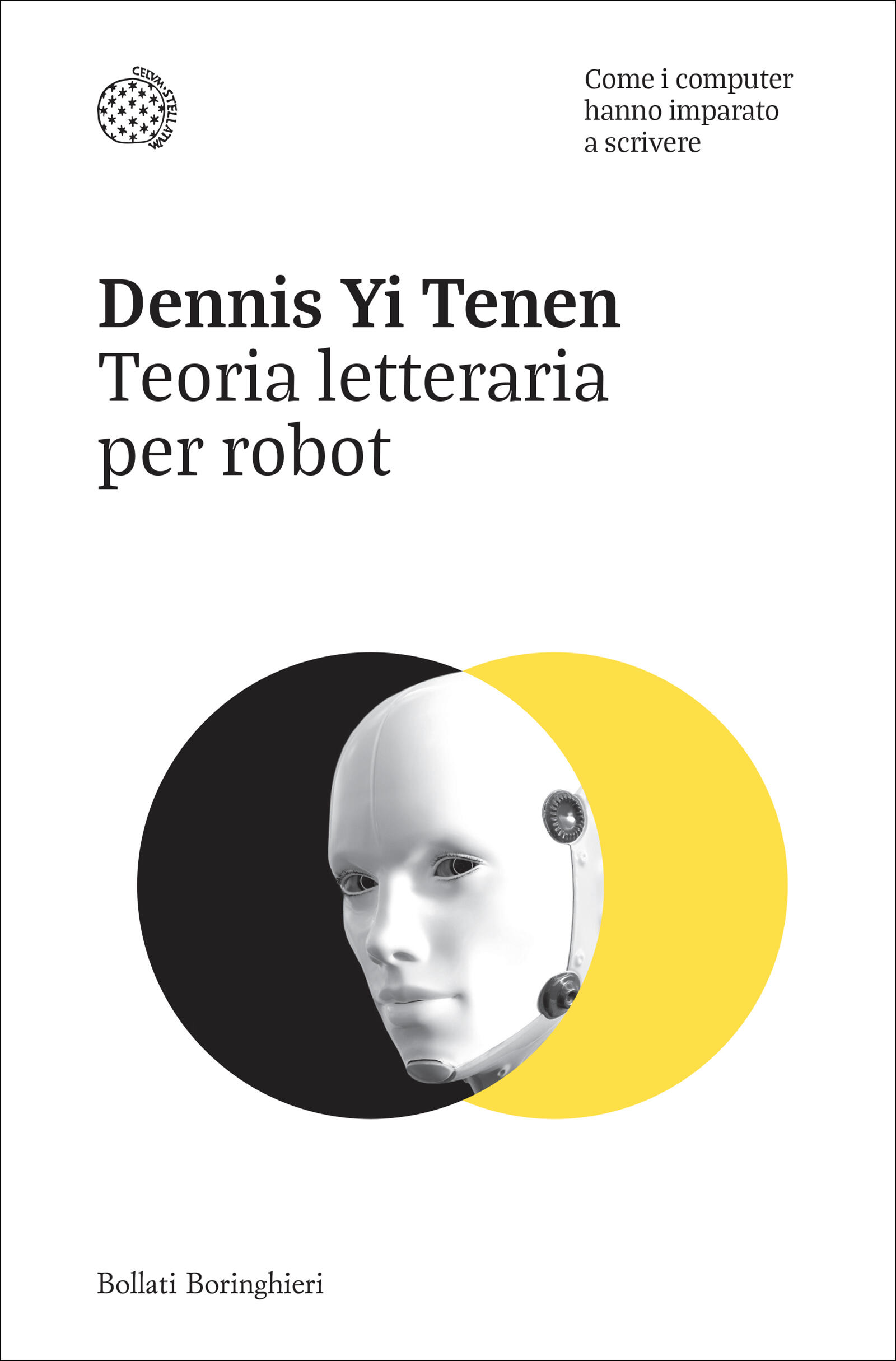 La copertina del libro. Su sfondo chiaro, due cerchi che si intersecano, uno giallo e uno nero e nella loro intersezione il volto di un robot