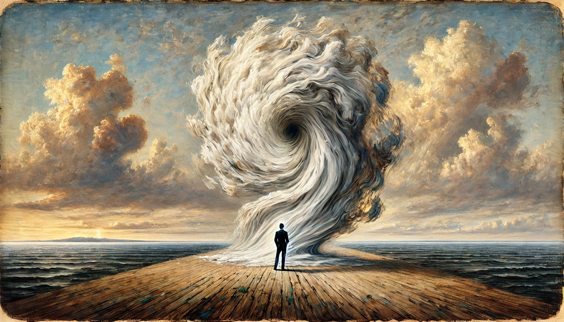 Uomo di fronte ad una tromba d'aria (LLM)