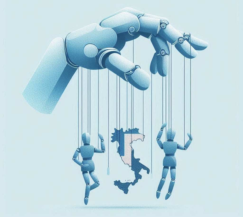 Mano robotica che gioca con delle marionette che simboleggiano gli stati.