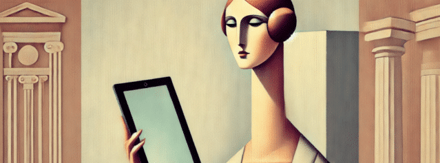 Donna raffigurata con stile de Chirico con in mano un tablet