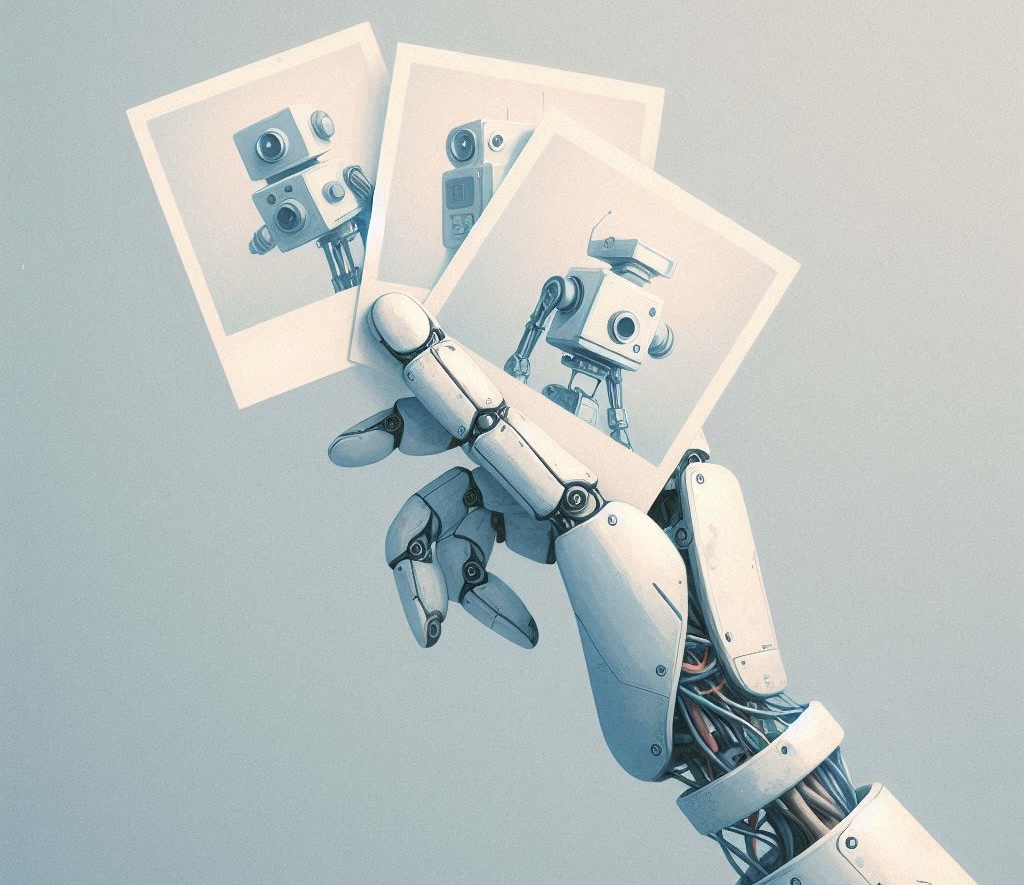 Una mano robotica che tiene i mano delle polaroid di altri robot.