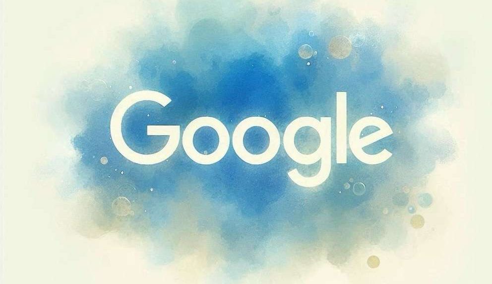Scritta bianca "Google" su sfondo con macchia astratta in stile acquarello. Toni blu e azzurri.