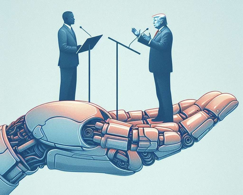 Dibattito politico sul palmo di una mano robotica.