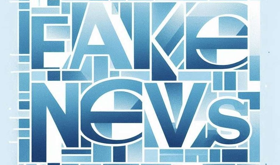 Scritta astratta "Fake News". Toni azzurri e blu, stile acquarello anche se astratto.