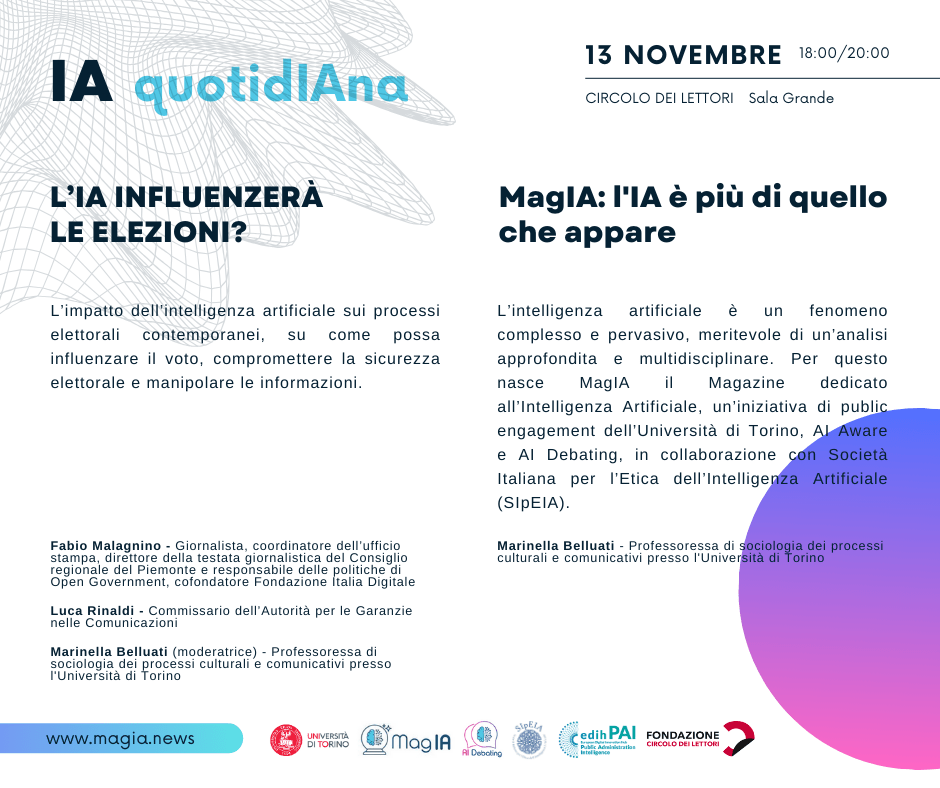 volantino evento con titolo, ora, luogo, topic e ospiti