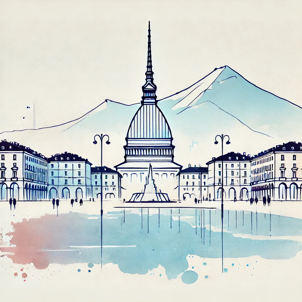 illustrazione astratta di Torino, con la Mole e le Alpi sullo sfondo