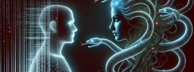 Medusa (mitologia greca) guarda umano, colore blu e grigio