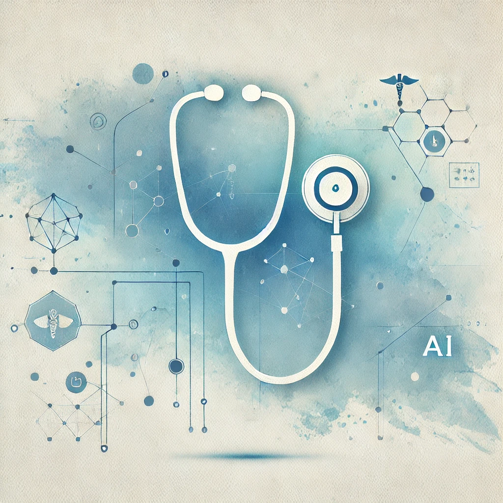 illustrazione astratta di uno stetoscopio con elementi rappresentano dati e intelligenza artificiale