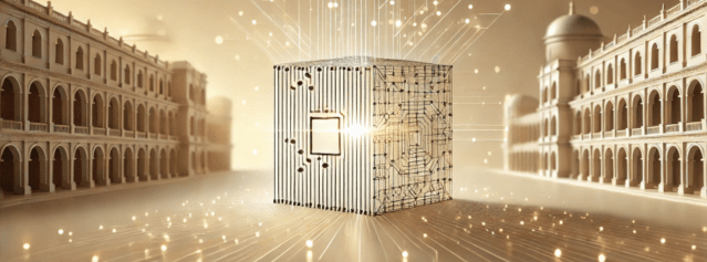 Cubo con rappresentazione di reti neurali in una piazza rinascimentale