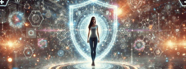 Donna davanti ad uno scudo informatico
