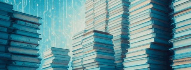 Montagna di libri su sfondo di rappresentazione di reti neurali