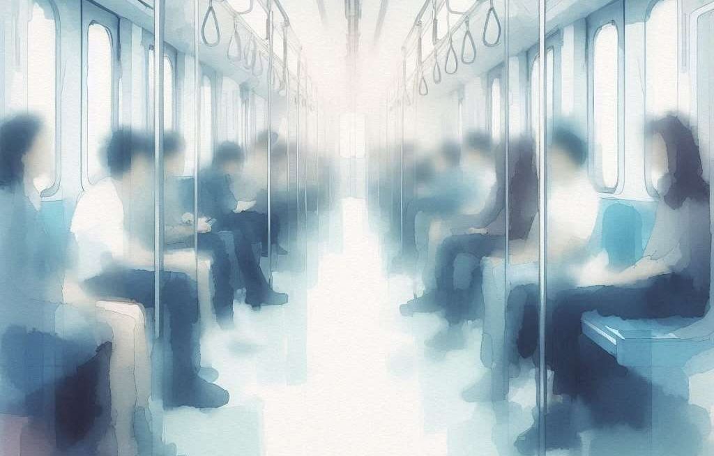 Immagine sfuocata di persone dentro un wagone di un mezzo pubblico. Toni acquarellosi azzurrini.