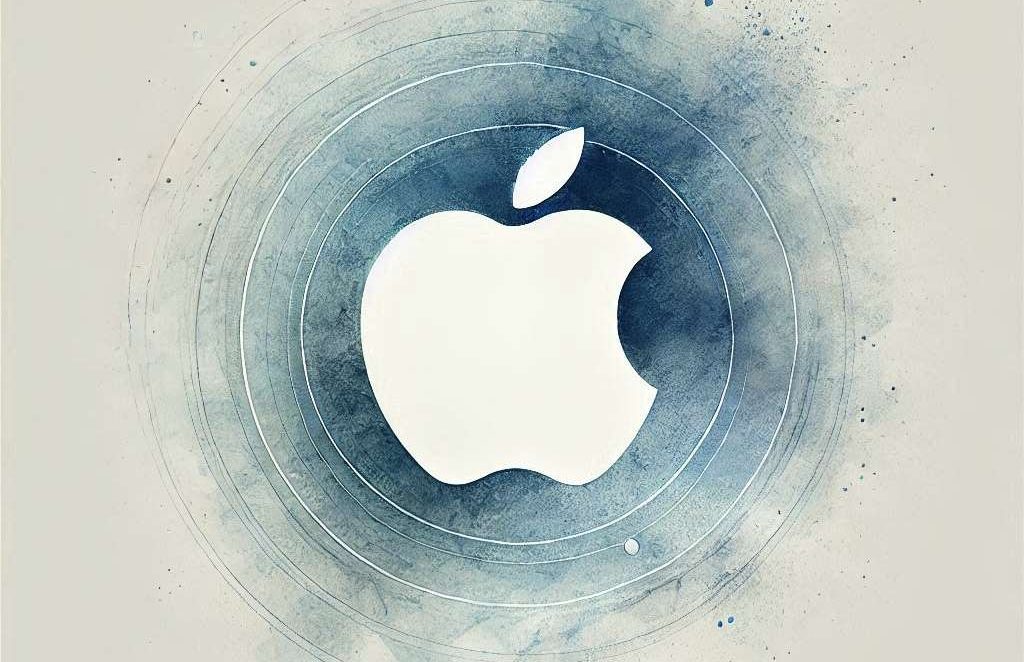 logo di Apple su sfondo astratta acquarellato nei toni del blu