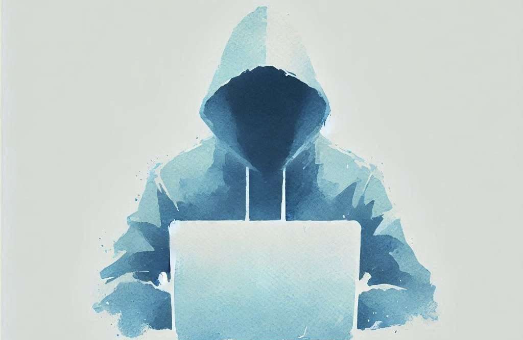 immagine in stile acquarello di un hacker con una felpa e il volto oscurato al pc.