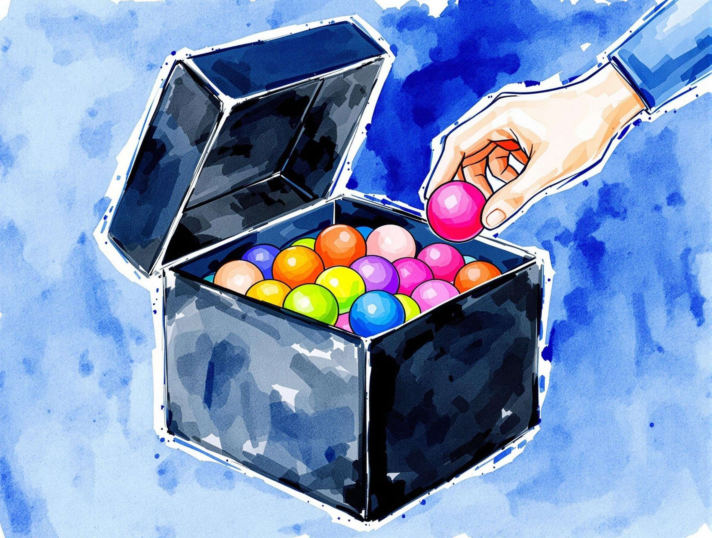 una scatola nera con delle palline colorate. Una mano estrae una pallina