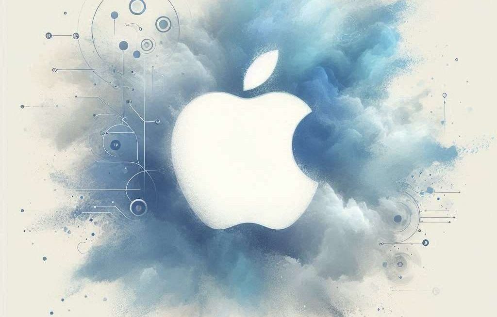 Logo Apple stilizzato con sfondo macchie acquarello dai toni azzurri e blu