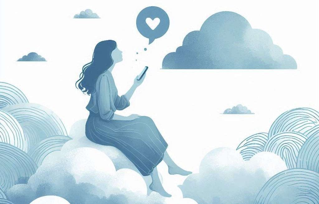 persona seduta sulle nuvole che chatta. Una bolla stile fumetto esce dal cellulare che tiene in mano, contiene un cuore. Immagine astratta stile acquarello dai toni azzurri e blu.
