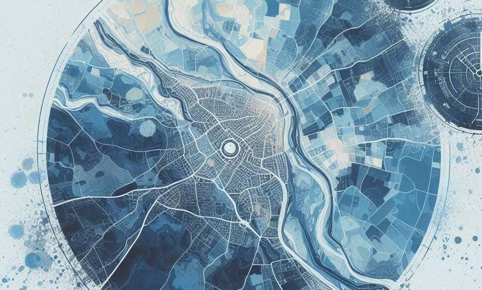 mappa città astratta vista dall'alto di colore blu e azzurro. Stile astratto disegno.