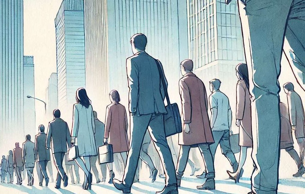 Persone con valigette da lavoro e vestite da ufficio che camminano numerosi in scia verso una stessa direzione. Prospettiva dal basso verso l'alto, in lontananza. Stile disegno e acquarello da tono azzurri e blu.