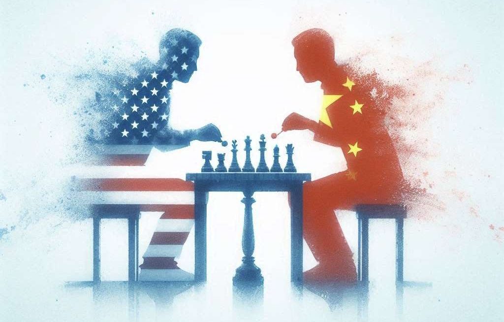 Immagine astratta di due figure di profuilo che giocano a scatti, una colorata con la bandiera statunitense e l'altro con quella della Cina. Immagine in stile acquarello dai toni blu e azzurri.
