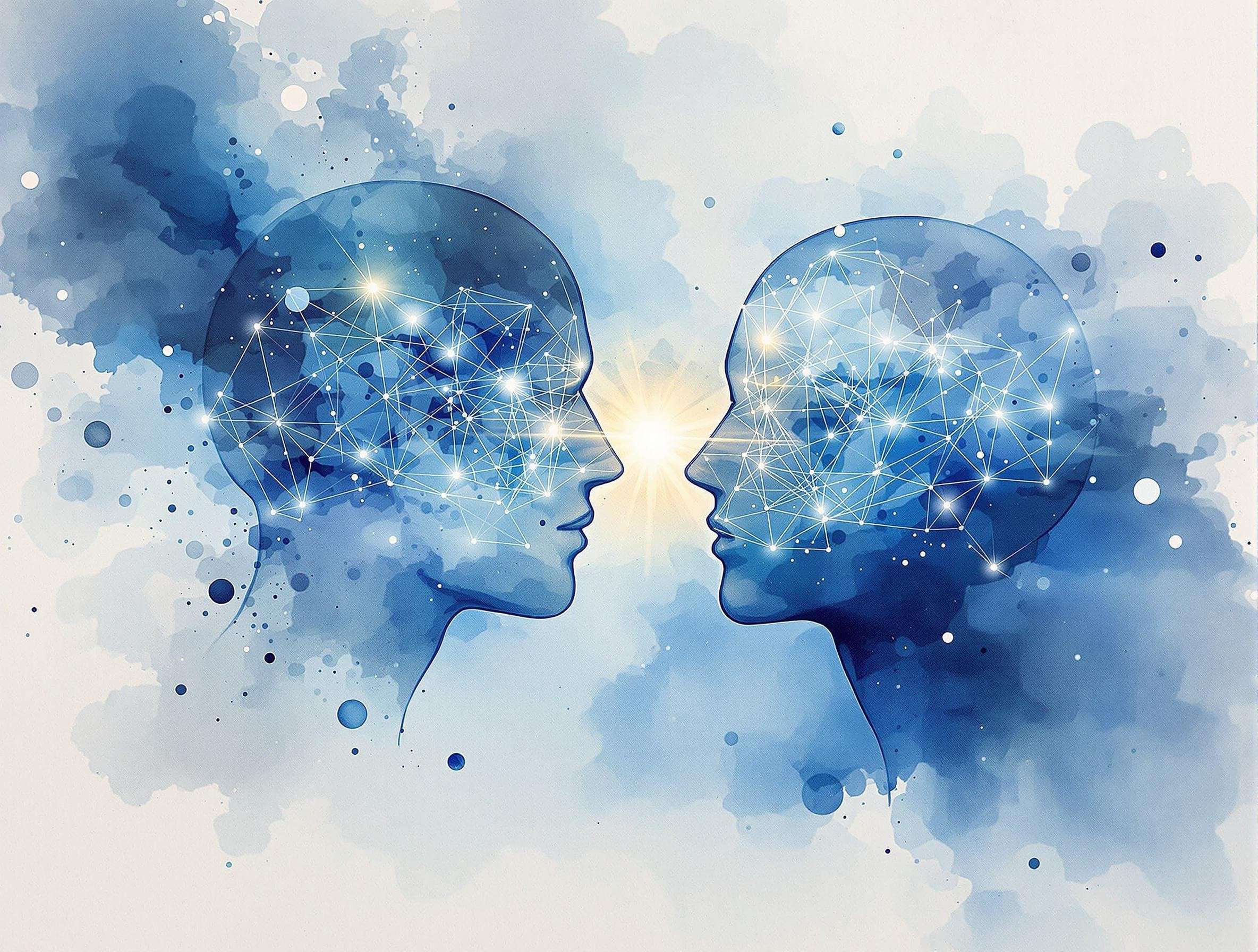 due menti come AI interconnesse tra di loro su sfondo beige