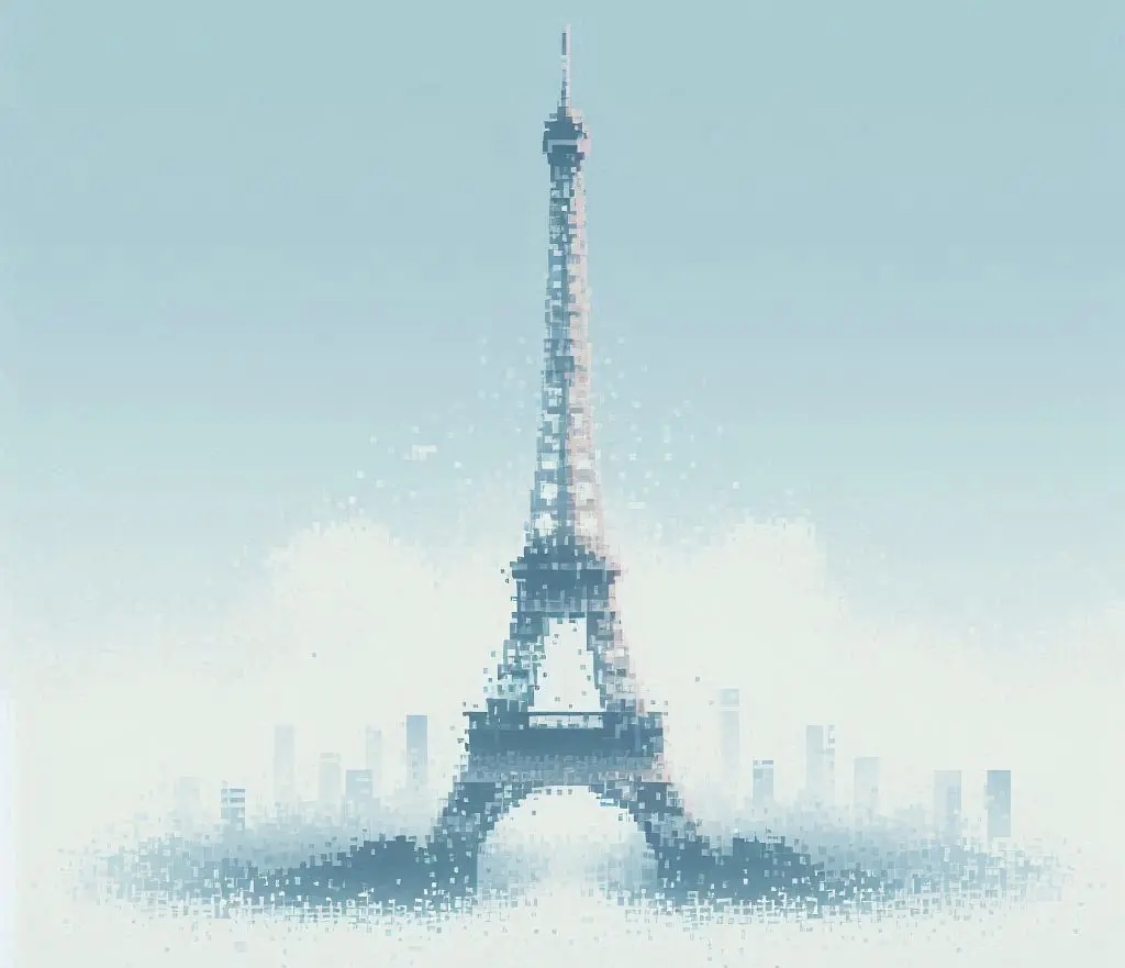 Terzo summit sull’IA: regolamentazione, innovazione e sviluppo. Tour Eiffel pixelata.