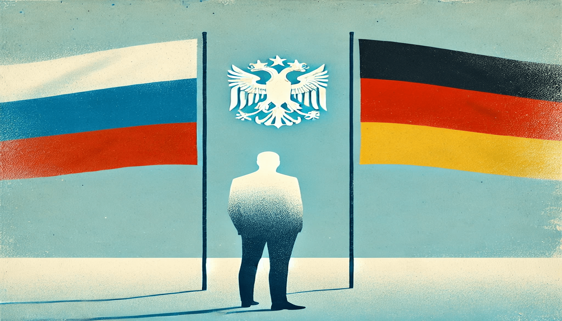 Persona al centro con bandiera russa alla sinistra e bandiera tedesca alla destra