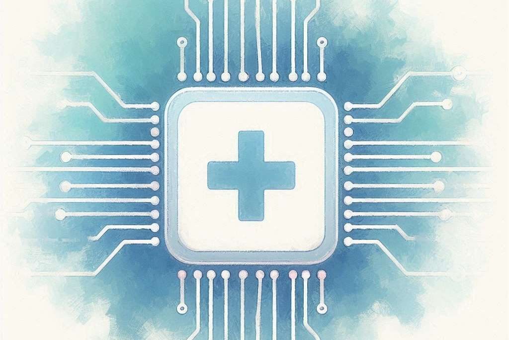 Un chip con una croce al centro che rappresenta l'uso dell'AI in medicina e sanità